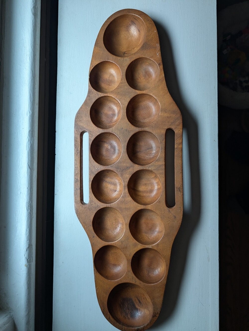 Vintage African Mancala Game Board Wooden Hand Carved With Handles